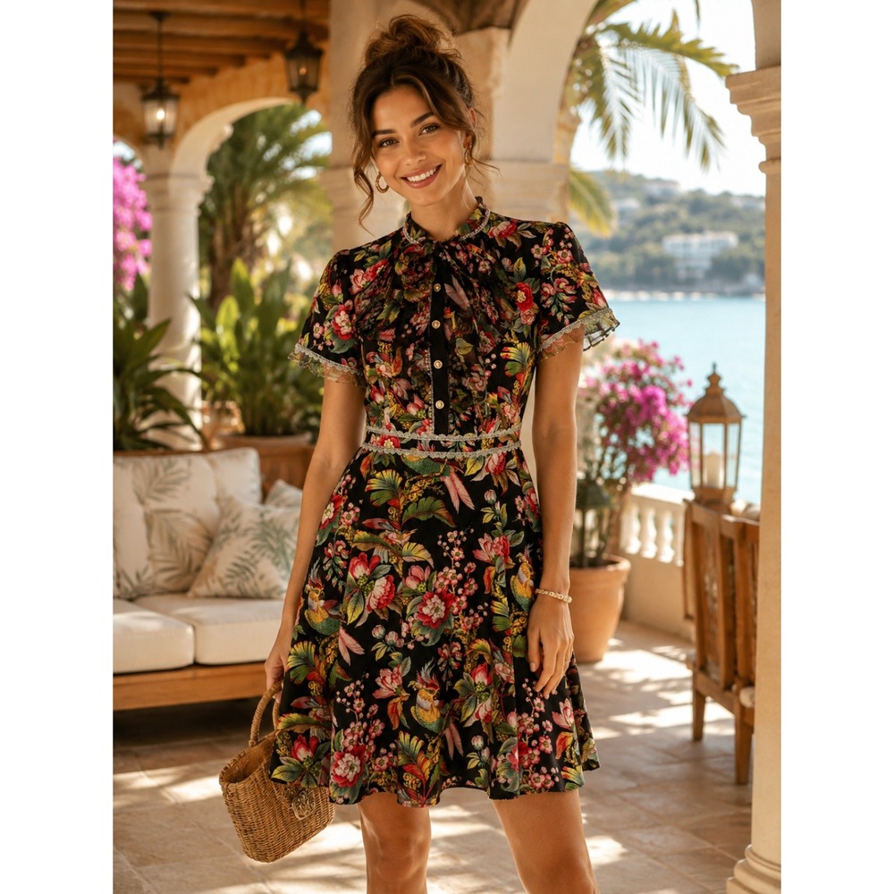 DALIA MACPHEE Floral Lace Trim Mini Dress Tie Neck Tropical Floral Size Small